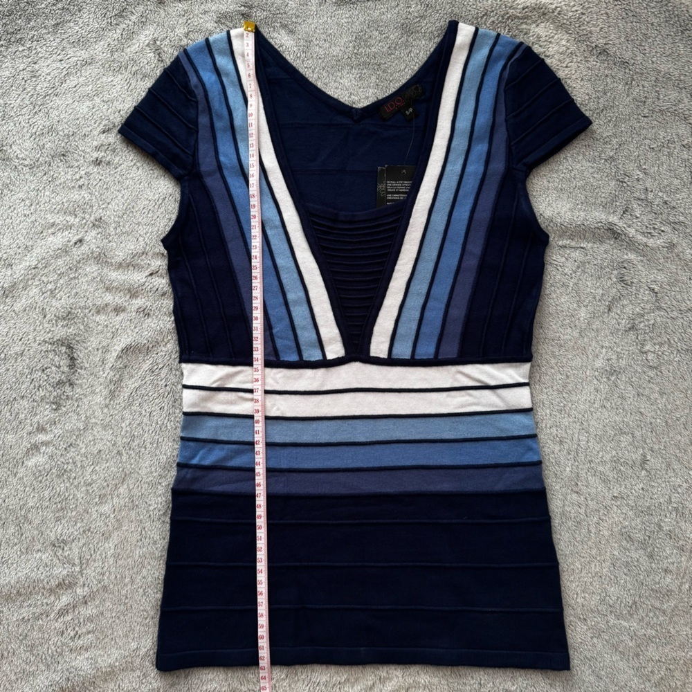NWT I.D.O. La Vie Y2K Ribbed Bandage Sweater Navy/Blue/White Striped - S - Picture 7 of 11
